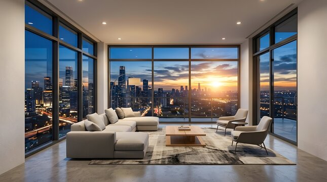 Modern luxury living room interior with panoramic city sunset view