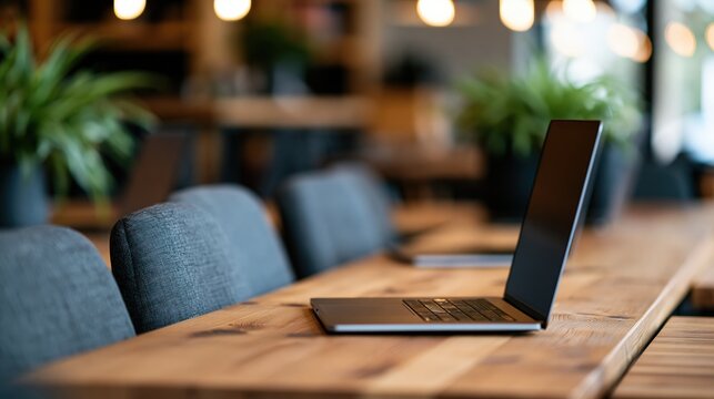 Modern staff room with clean shared table and closed laptops