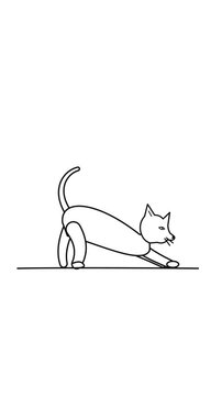 Minimalist line art animation of a cat walking and stretching on a white background.