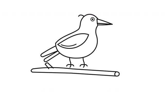 Minimalist black and white line art animation of a bird perched on a branch in an idle loop.