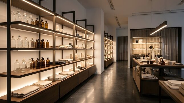Modern minimalist retail store interior with illuminated shelving and dark metal frames