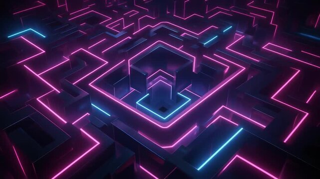 Abstract Neon Grid Circuit Board Maze with Glowing Blue and Pink Lights