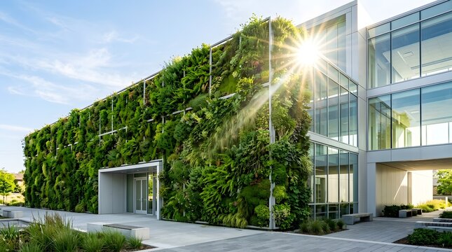 Modern office building exterior with vertical garden wall and sun flare