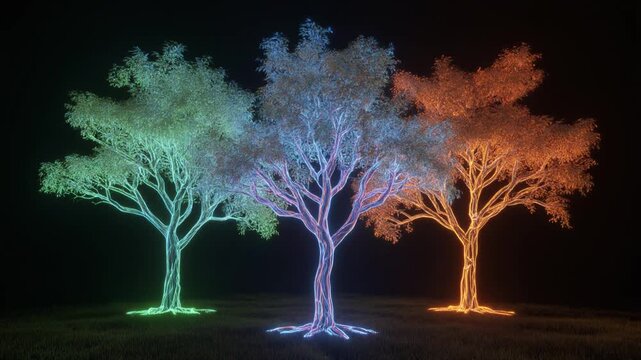 Three glowing trees in vibrant neon colors, illuminated at night