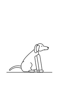 Minimalist line art animation of a dog sitting and wagging its tail on a white background.