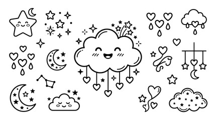 Obraz premium Kawaii cloud and star line art set, cute nursery sky elements outline vector, sweet dream baby shower stickers, black and white doodle clipart