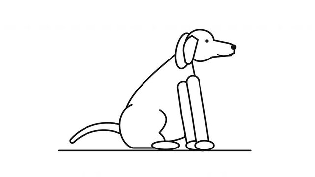 Minimalist line art animation of a dog sitting and tilting its head on a white background.