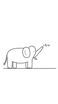 Minimalist line art animation of a cute elephant spraying water from its trunk on a white background.