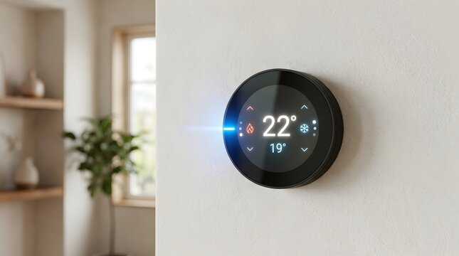 Modern smart thermostat on a white wall in a cozy home interior