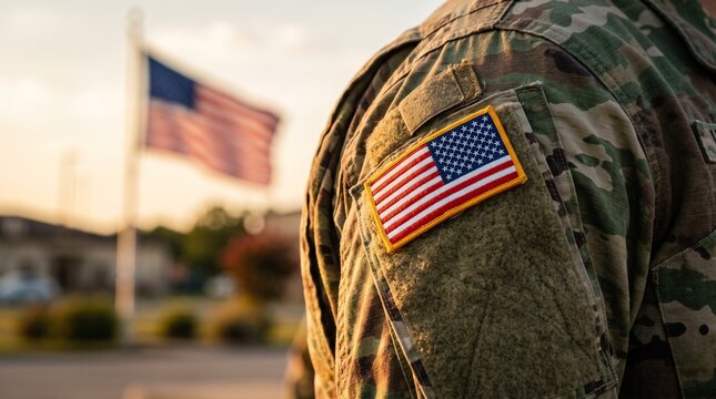 Close up view of an american flag patch sewn onto a military camouflage uniform with a building in the background