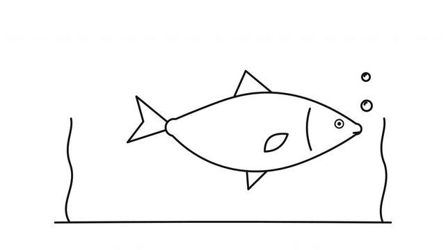 Minimalist line art animation of a fish swimming underwater with rising bubbles on a white background.