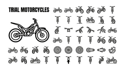 Fototapeta premium Trial Motorcycles Collection: A comprehensive assortment of vector graphics showcasing trial motorcycles in various poses and component views, highlighting their unique design and engineering.
