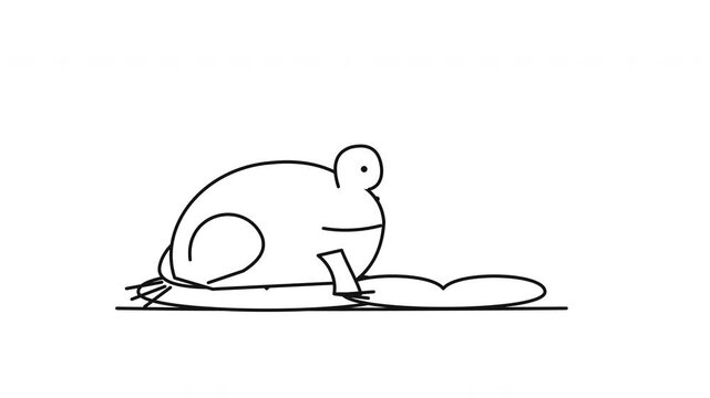 Minimalist line art animation of a frog hopping on a lily pad in a pond.