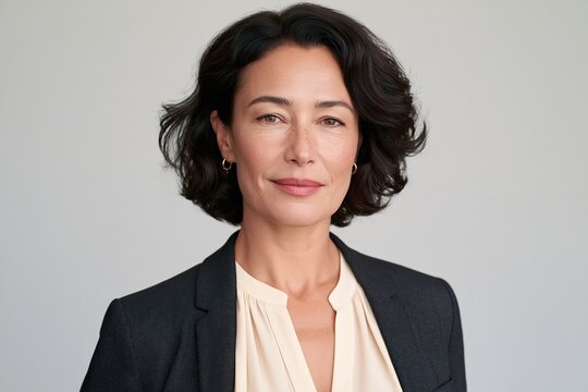 Confident female principal in cream blouse and charcoal jacket on pale gray background
