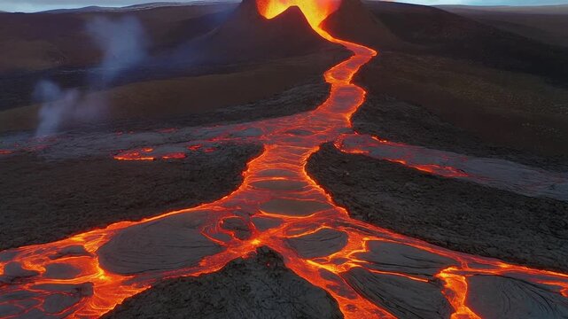 Fiery Lava Flowing Down Volcano Slope at Dusk - Volcanic Eruption