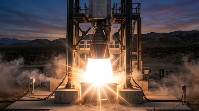 Powerful rocket engine test firing with bright fiery exhaust and smoke at sunset