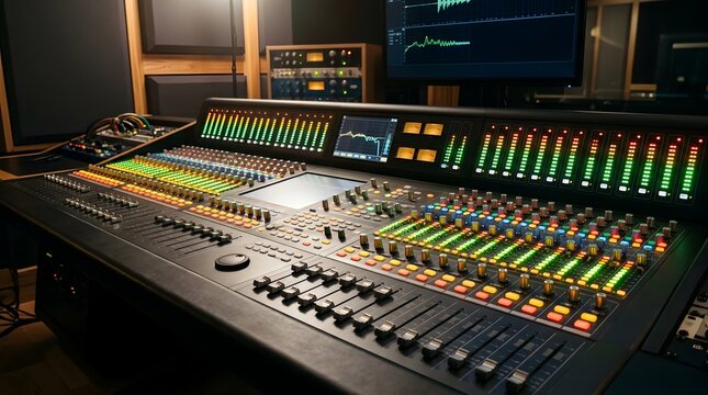 Professional audio mixing console in music recording studio with glowing meters