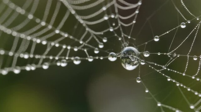Macro shot of a spider web covered in morning dew droplets, glistening in soft light.
