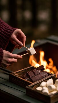 Close-up of human hands roasting a marshmallow over an open fire with a long wooden stick. Flames and glowing logs fill the scene, warm autumn outdoor cooking moment near a campfire.