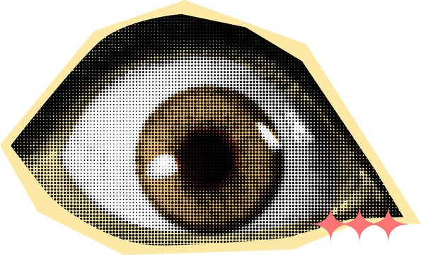 Detailed graphic of a brown human eye with zelda majoras mask moon pixel art icon design. Suitable for gaming concepts and branding.