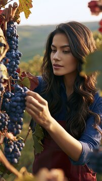 Young woman carefully picking ripe dark grapes in a vineyard, surrounded by grapevines in autumn. Vertical scene, fruit and manual harvest process in the field.