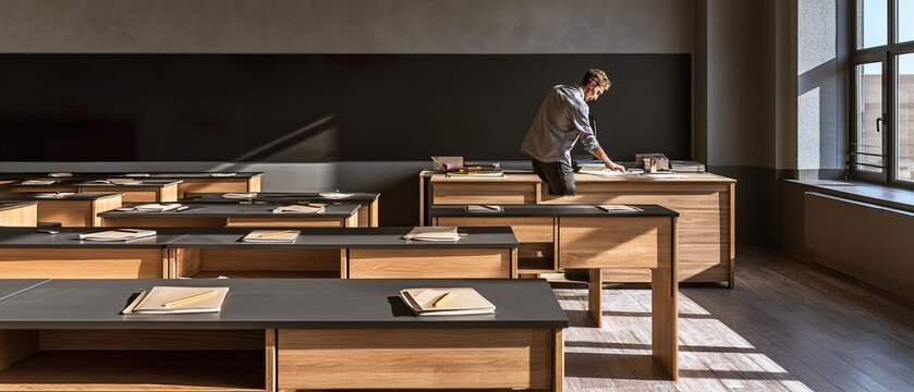 Spacious panoramic classroom with rows of wooden desks, large windows and sunlight entering the room. A teacher works at a desk in the distance, realistic school setting.