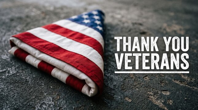 A carefully folded american flag is displayed with a heartfelt thank you to all veterans on textured concrete