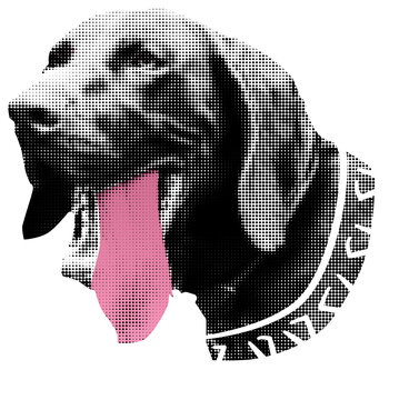 Black and white halftone dog head with a pink tongue and patterned collar, ideal for petrelated branding.