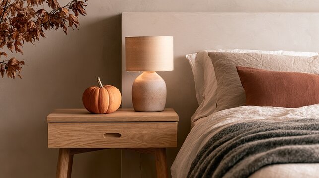  A minimalist Scandinavian bedroom in warm neutral tones features a wooden bedside table, a lamp, and autumn pumpkin decor, styled as a furniture store mockup.