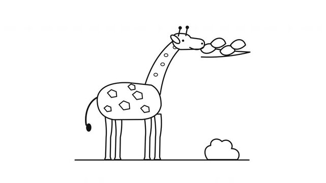 Minimalist line art animation of a giraffe grazing on leaves in the savanna.