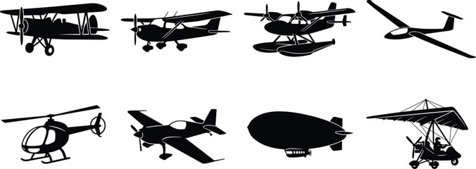 Set of black aviation vehicle silhouettes in image_e73bd3.png featuring airplanes, helicopter, glider, seaplane, and airship icons. © RitaRani