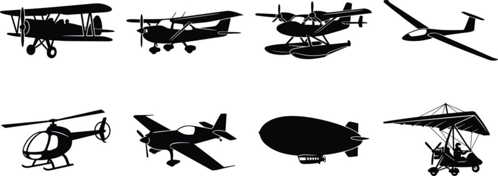 Set of black aviation vehicle silhouettes in image_e73bd3.png featuring airplanes, helicopter, glider, seaplane, and airship icons.