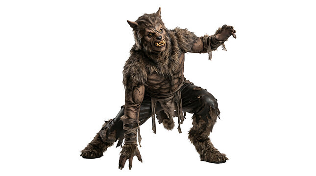 Realistic werewolf costume on white background in dynamic pose