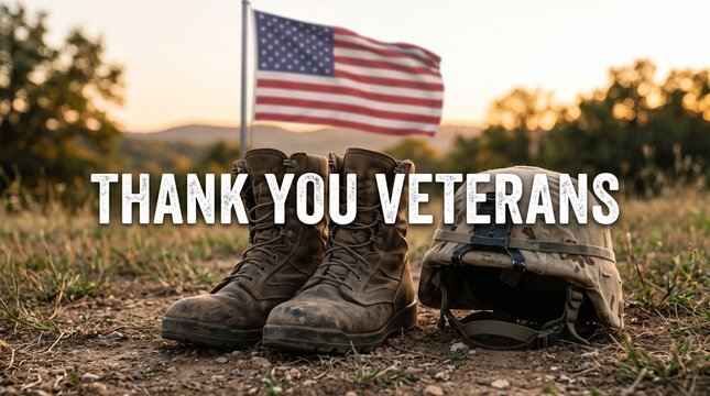 Combat military boots displayed in front of a waving american flag honoring brave veterans and their dedication to our country