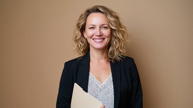 Confident female school leader holding folder against warm neutral wall