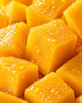 Macro mango cubes with water droplets, vivid golden flesh under warm studio lighting