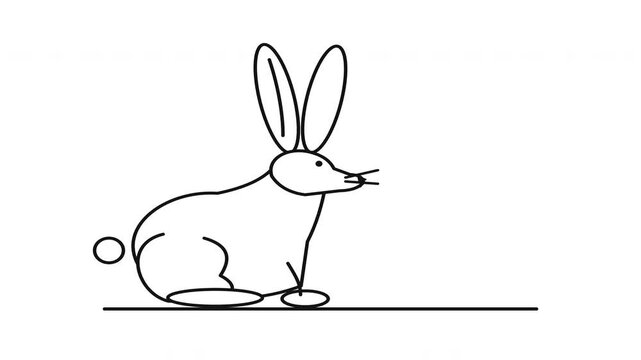 Minimalist line art animation of a rabbit hopping across a white background.