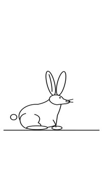 Minimalist line art animation of a rabbit hopping across a white background.