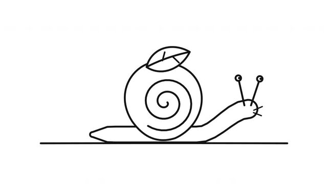 Minimalist line art animation of a snail with a leaf on its shell crawling slowly across a white background.