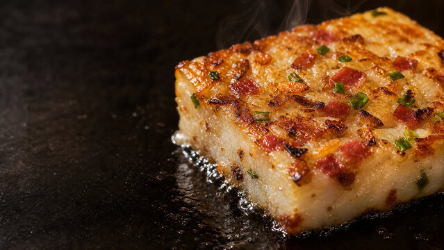 Luo Bo Gao Pan Seared Turnip Cake Close Up &mdash; Hong Kong Lunar New Year Dim Sum Macro