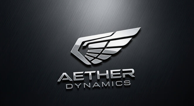 A metallic logo with wing design and text on a dark background.