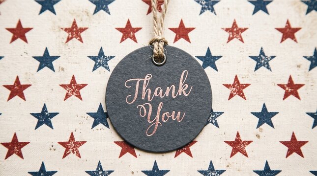 Close up of a patriotic thank you tag suspended against a repeating star spangled banner pattern