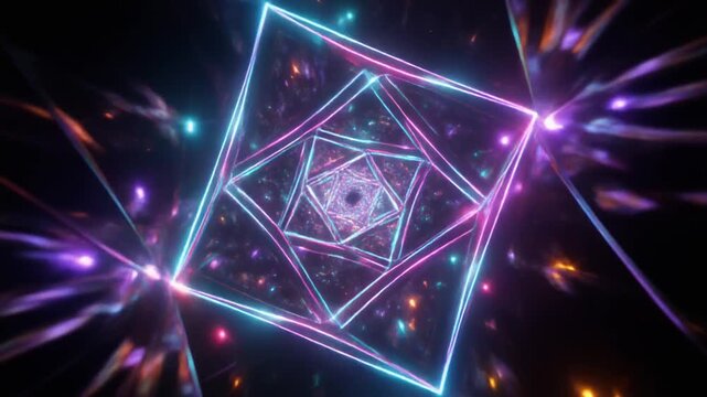Abstract Neon Square Tunnel Hypnotic Infinite Geometric Pattern with Sparkling Lights