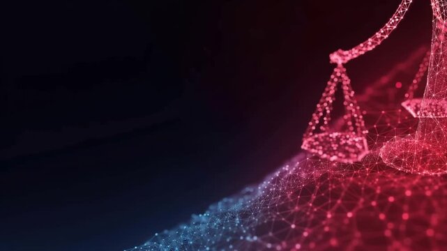 A 3D abstract illustration depicts a glowing, interconnected network forming a balanced scale. ..Created with Generative AI, not depicting real subjects.