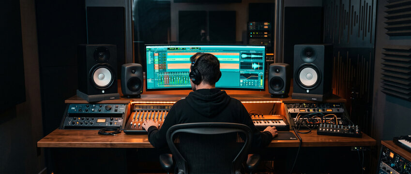 Professional condenser microphone mounted in a shock mount beside a digital audio workstation in a modern music studio, representing podcast recording and audio production.
