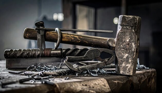 Close-up of blacksmith tools on a rough workbench with metal shavings, evoking tradition and craftsmanship.