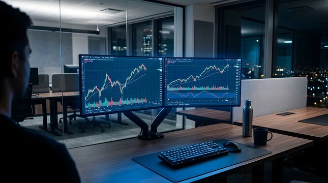 Trader looking at financial market charts on dual monitors at night office