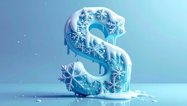3D render of a melting ice letter S adorned with snowflakes on a cool blue background