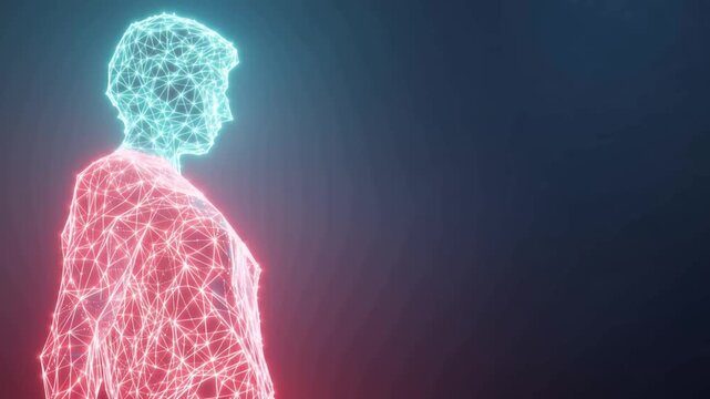 Digital representation of a human body composed of glowing interconnected lines and points, with the head in blue and the body in red. ..Created with Generative AI, not depicting real subjects.