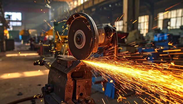 Close-up of angle grinder cutting metal, creating a shower of bright orange sparks in a workshop setting with diffused light.